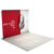 Left angle view of straight portable exhibition backdrop with full-height printed fabric graphic and stabilizing support base.