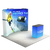 Left angle view of curved exhibition backdrop kit with mounted display lights and square branded podium in front of the booth.