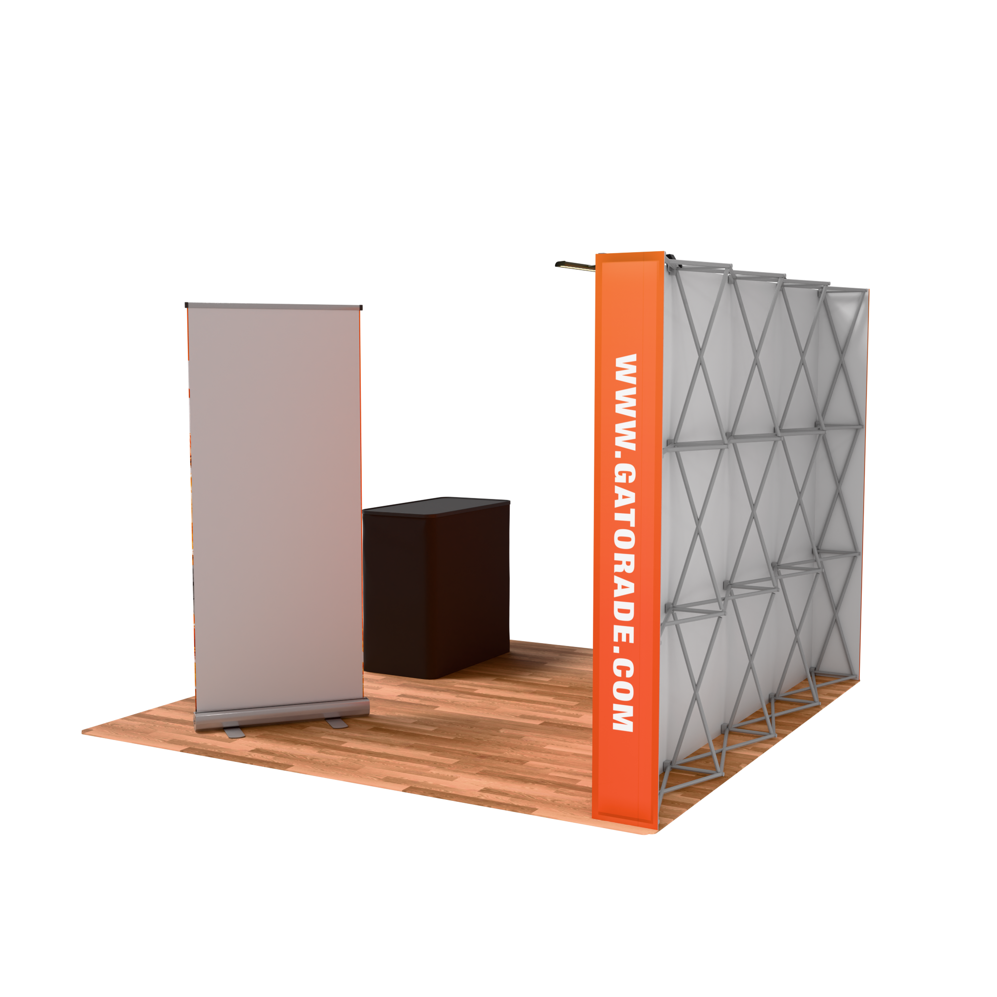 10ft Perfect-Pop Straight, Lights, Podium, Oak Flooring, 33.5" Economy Banner Stand